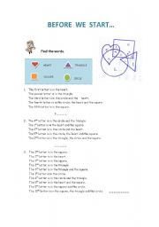 English worksheet: Warm-up: circle, triangle, heart and square.