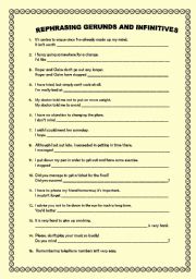 English Worksheet: REPHRASING WITH GERUNDS AND INFINITIVES- KEY