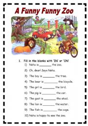 English Worksheet: The Funny Funny Zoo (comprehension and prepositions) 2 Pages