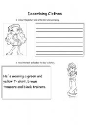 English worksheet: Describing and colouring clothes