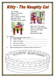 English Worksheet: Kitty - The Naughty Cat (Reading Comprehension)