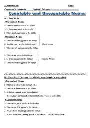 English Worksheet: countable and uncountable nous