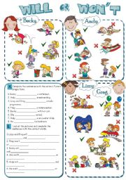 English Worksheet: WILL or WONT (Future Simple) *2 pages, 8 tasks*