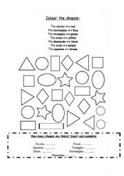 English Worksheet: Colour the shapes and complete