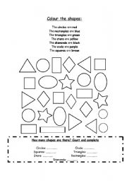 English Worksheet: Colour the shapes and complete