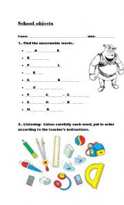 English Worksheet: school objects