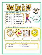 English Worksheet: What time is it? (B&W + Answer Key)