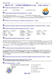English Worksheet: Video �Global warming� - Listening test (with link, script and key)