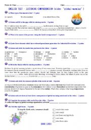 English Worksheet: Video Global warming - Listening test (with link, script and key)