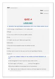 English worksheet: language test A and B