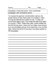 English Worksheet: Proofreading Anne Frank paragraph with answers
