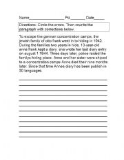 English worksheet: Proofreading Anne Frank paragraph with answers