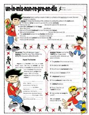 Prefixes  un - in - mis - non - re - pre - en  & dis . Key included