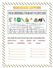 English worksheet: Classroom supplies