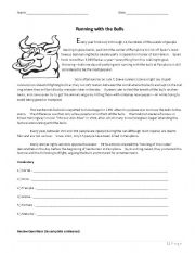 English Worksheet: Running with the Bulls