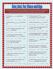 English Worksheet: Ever, Just, For, Since and Ago
