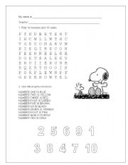 English worksheet: VOCABULARY REVIEW- COLORS AND NUMBERS (0-10)