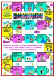 English Worksheet: Boardgame: Choose the pronoun  subjective / objective pronouns  editable