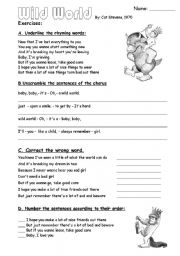 English Worksheet: 2 pages of exercises with Wild world by Cat Stevens