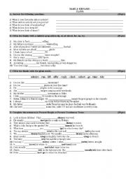 simple present, present cont., prepositions, general questions, vocabulary