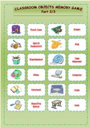 English Worksheet: Classroom objects memory game part 2/3