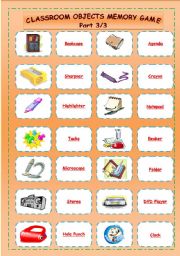 English Worksheet: Classroom objects memory game part 3/3
