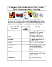 English Worksheet: Basic Health and Safety Vocabulary for English Students - Matching Exercise/Cloze/ Answer Keys