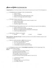 English Worksheet: Romeo and Juliet Act I Selection Test/Review