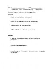 English worksheet: Charlie and the Chocolate Factory Test Chapters 1-2