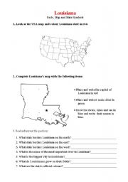 English worksheet: Louisiana (Geographical facts, map and state symbols)