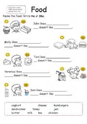 English Worksheet: Food and Pronouns - He/She