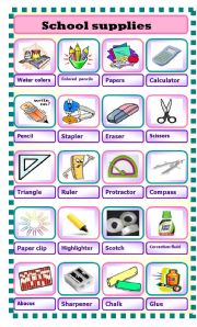 English Worksheet: school  supplies : pictionary 