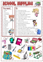 English Worksheet: SCHOOL SUPPLIES - matching (B&W + KEY included)