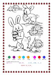 English Worksheet: Egg hunting colouring and writing  handout 