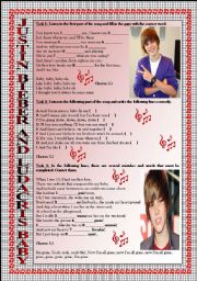 English Worksheet: Song Activity: JUSTIN BIEBER-BABY. KEY INCLUDED. FULLY EDITABLE