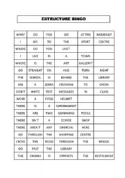 English Worksheet: structure bingo