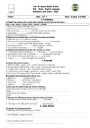 English Worksheet: vocab and language Exam