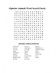 English Worksheet: Alphabet Animals Word Search Puzzle