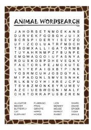 English Worksheet: Animal Wordsearch