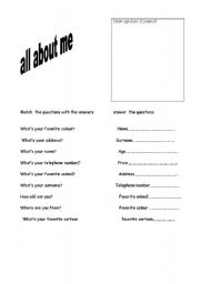 English Worksheet:   all about me 