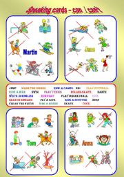 English Worksheet: Speaking cards - Can / Cant - 2 pages, 8 cards. Fully edittable