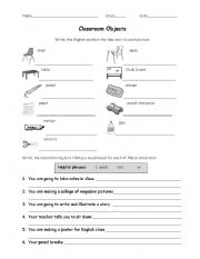 English worksheet: Classroom Objects - to match PowerPoint