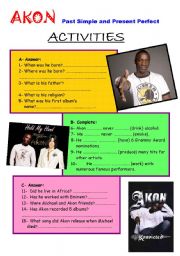 English Worksheet: Akon- reading comprehension-past simple and present perfect