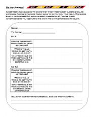 English Worksheet: Be Ad Aware - advertising