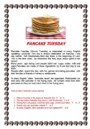 English Worksheet: Pancake Day/Shrove Tuesday -reading  practice 