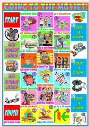 English Worksheet: Boardgame: Going to the movies  modals and tenses (will, going to, present simple and continuous, past simple, can)  sentence formation  conversation  game  2 dices (tenses and forms)  instructions and suggestions  tokens  5 pages  editable