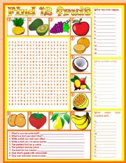 English Worksheet: Wordsearch: Fruit  vocabulary  5 tasks  keys included  2 pages  fully editable