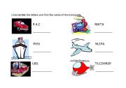 English Worksheet: Unscramble the letters and find the name of the transports.