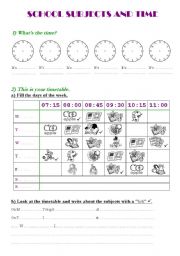 English Worksheet: School subjects and time