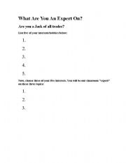 English Worksheet: what are you an expert on
